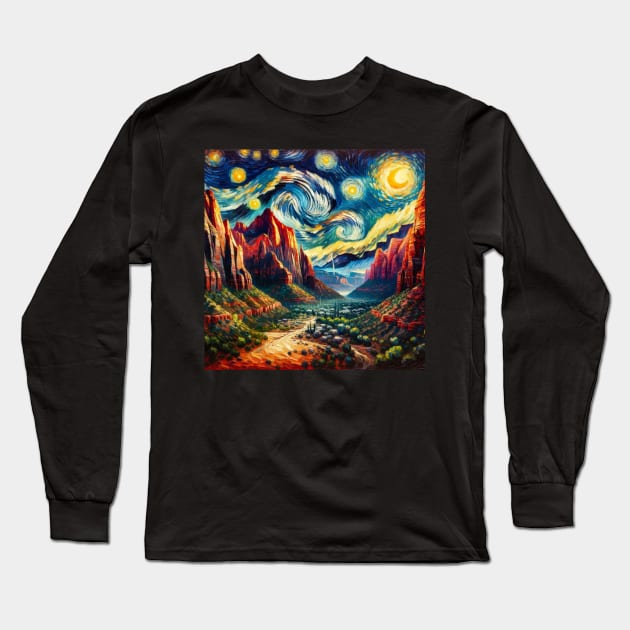 Zion National Park Starry Night - Beautiful Iconic Places Long Sleeve T-Shirt by Edd Paint Something